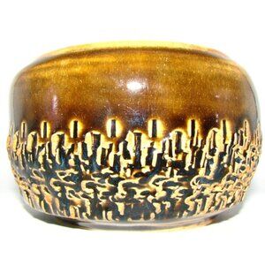 Handmade Artist Signed Pottery Bowl Planter Pot Jar Carved Cactus Decor Browns
